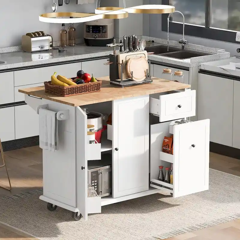 Rolling Kitchen Cart with Drop Leaf, Storage Rack, and 3-Tier Cabinet Organizer