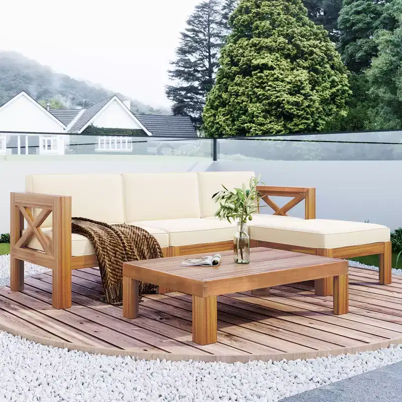 GDFStudio Danna 5 Piece Outdoor Acacia Wood Sectional Sofa Set with Table and Cushions