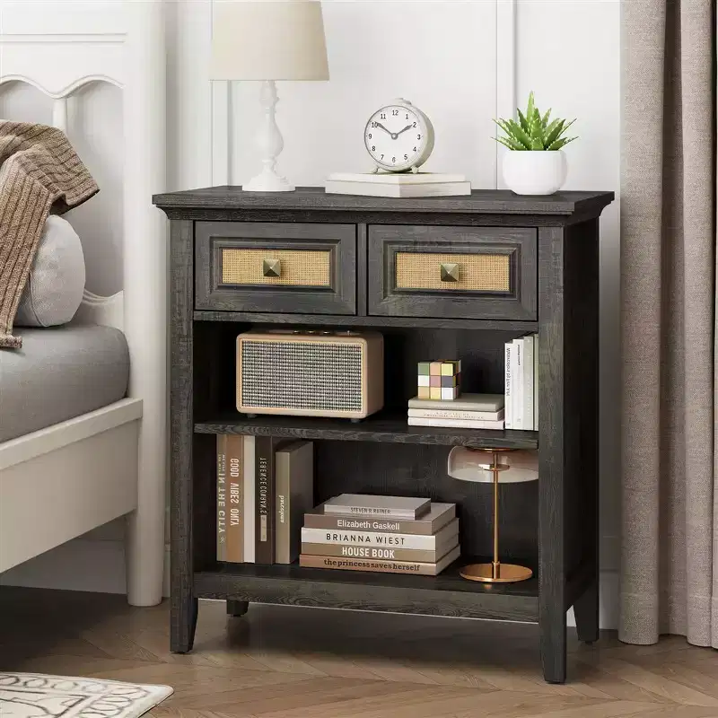Boho Rattan Storage Cabinet with 2 Drawers & 2 Shelves, Modern Accent Cabinet for Entryway Living Room, Coffee