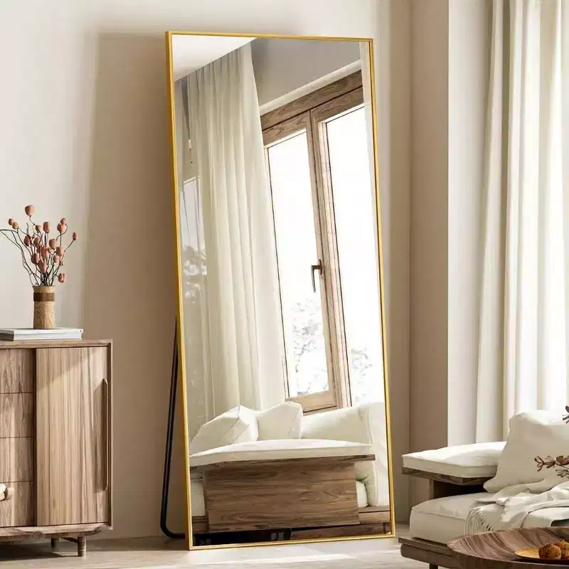 Large Mirrors Wall 65 inchx24 inch Full Length Mirror with Stand Gold Aluminum Alloy Frame Floor Standing Mirror Bedroom Living