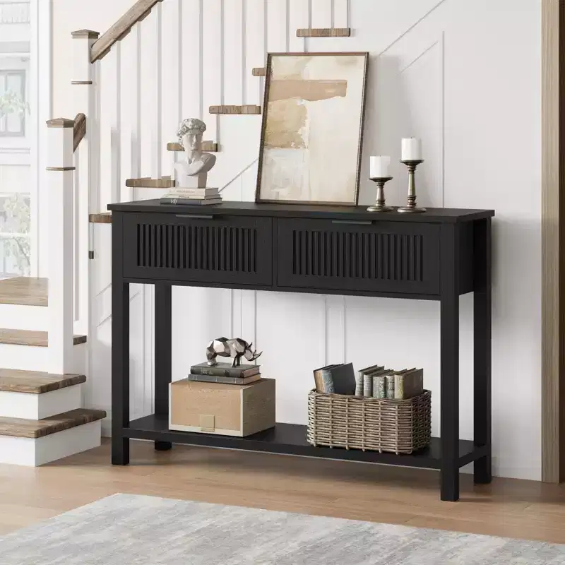 Coolmee 43.3 Old-Fashioned Console Table C Slim Vintage Entryway Sofa Table in Warm Wood Finish with 2 Drawers for Living Room & Hallway - Black
