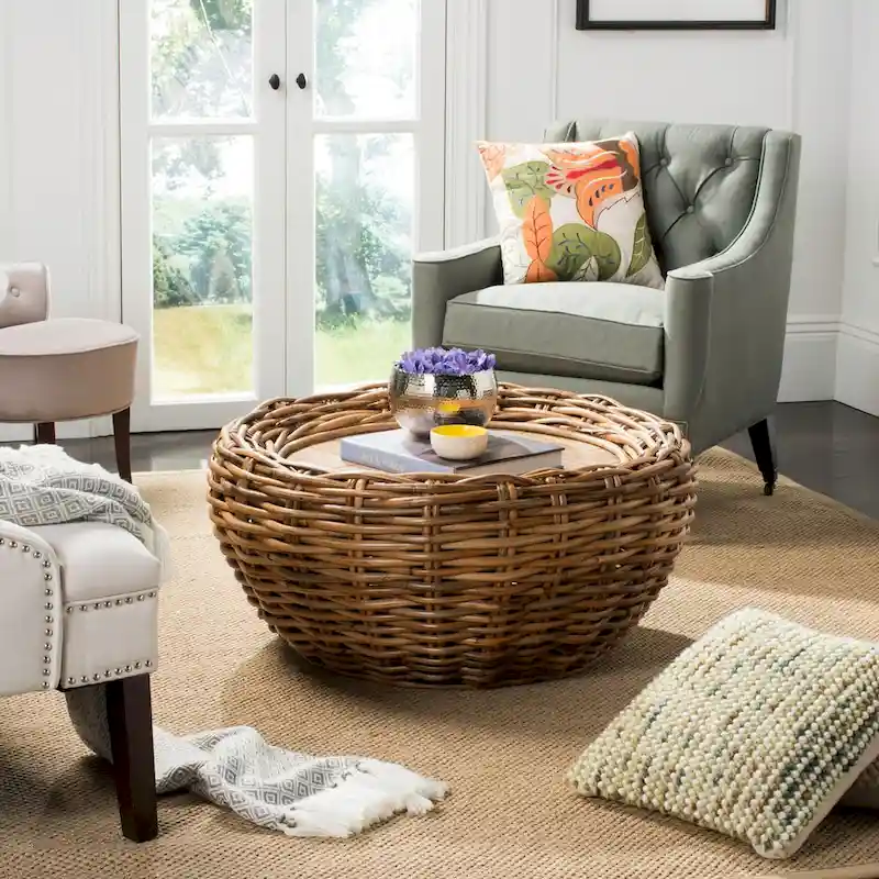 SAFAVIEH Alfia Wood Top Wicker Drum Coffee Table - 35.4 x 35.4 x 15.7 - 35Wx35Dx16H