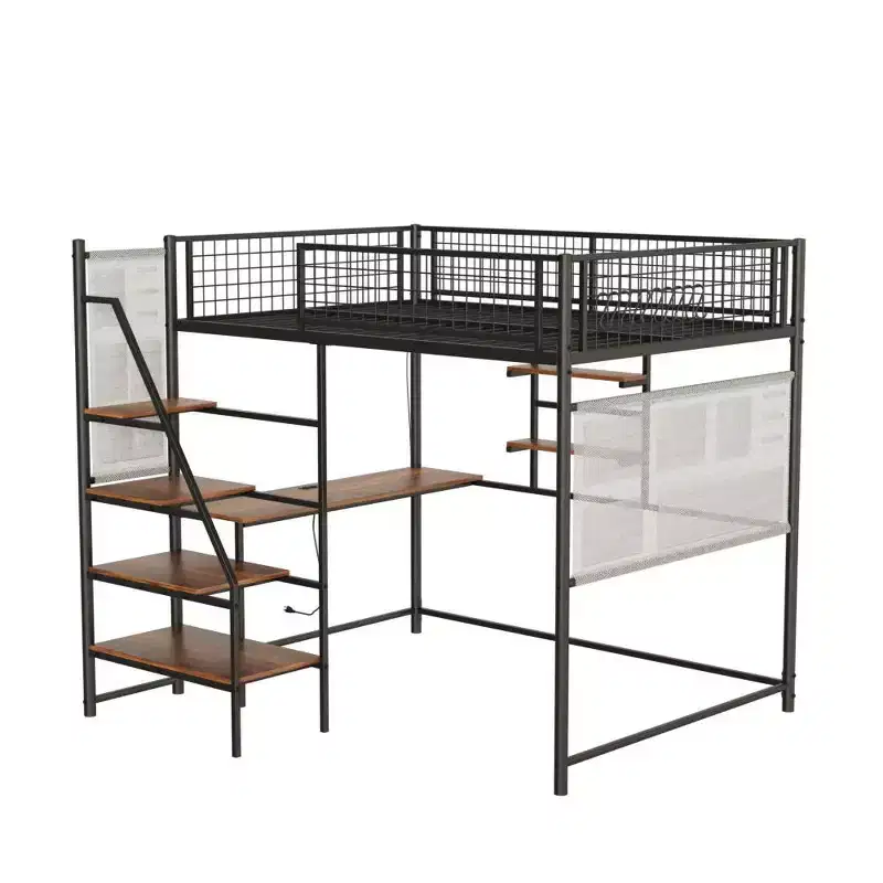 Full Size Black Loft Metal Bed - Desk, Charging Station, LED Lights & Storage, 400LBS Capacity for Bedroom/Dorm