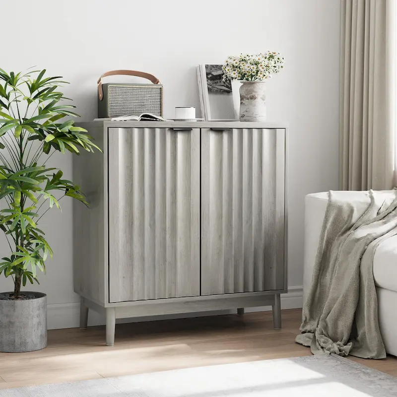Fluted Sideboard Cabinet, Freestanding Wash Grey Buffet Cabinet with Adjustable Shelf, Wood Storage