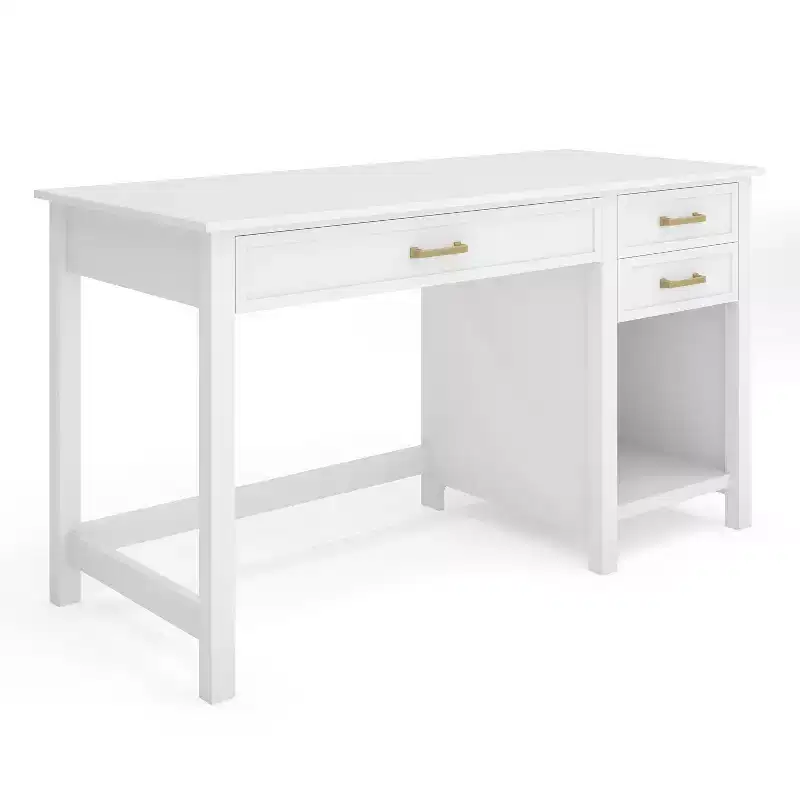 Martha Stewart Hutton Shaker Style Home Office Desk with 2 Side Drawers in White with Polished Brass Hardware