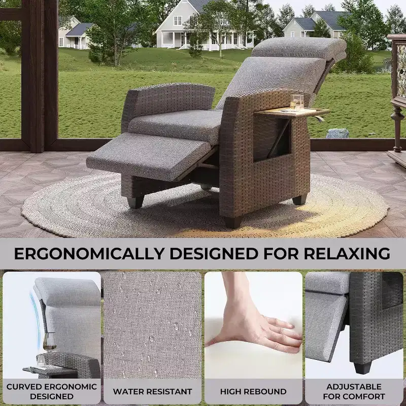 Patio Recliner Chair, Adjustable Back Footrest PE Wicker Weather Resistant with Flip Up Table Air Pump