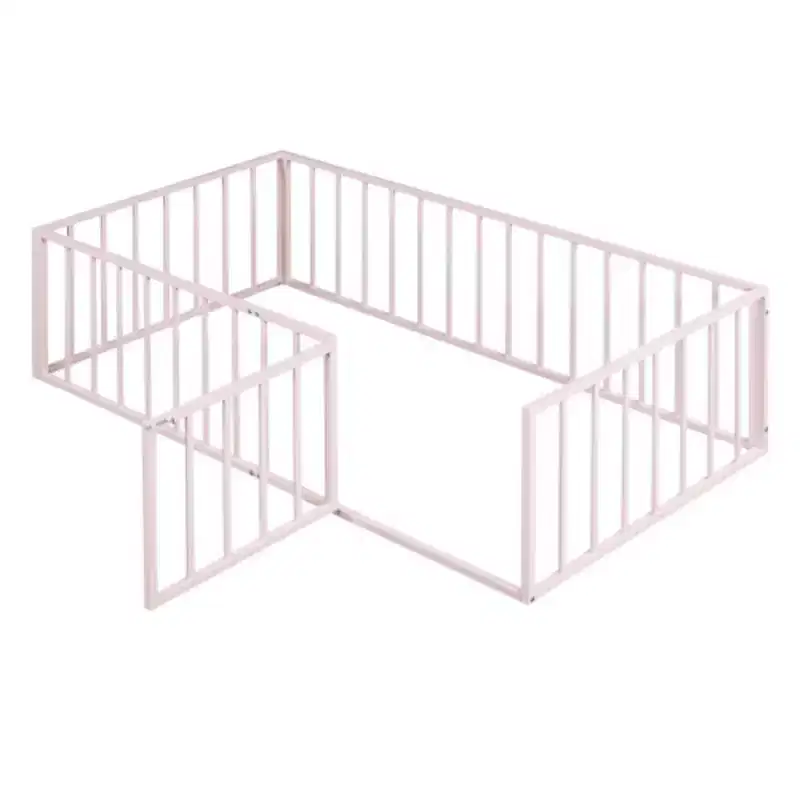 Pink Twin Size Metal Bed Frame with Fence and Door Design