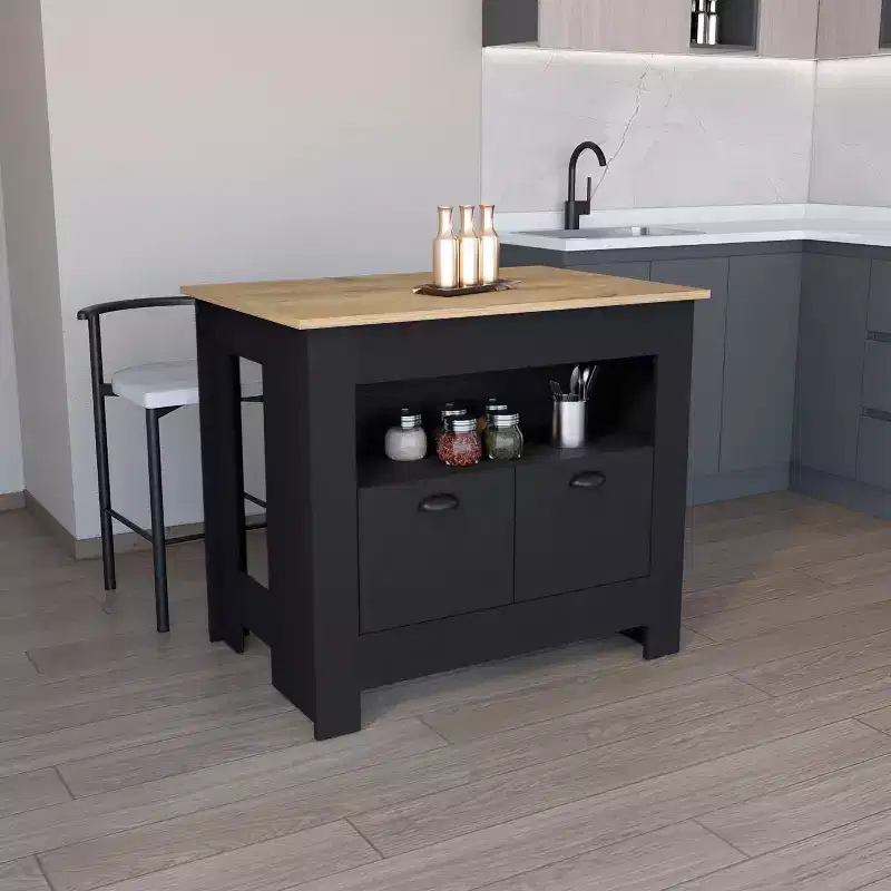 Okak Minimalism Kitchen Island with Ample Storage, Kitchen Island Table with 2 Doors and 3 Shelves, Countertop Organizer for Dining Room