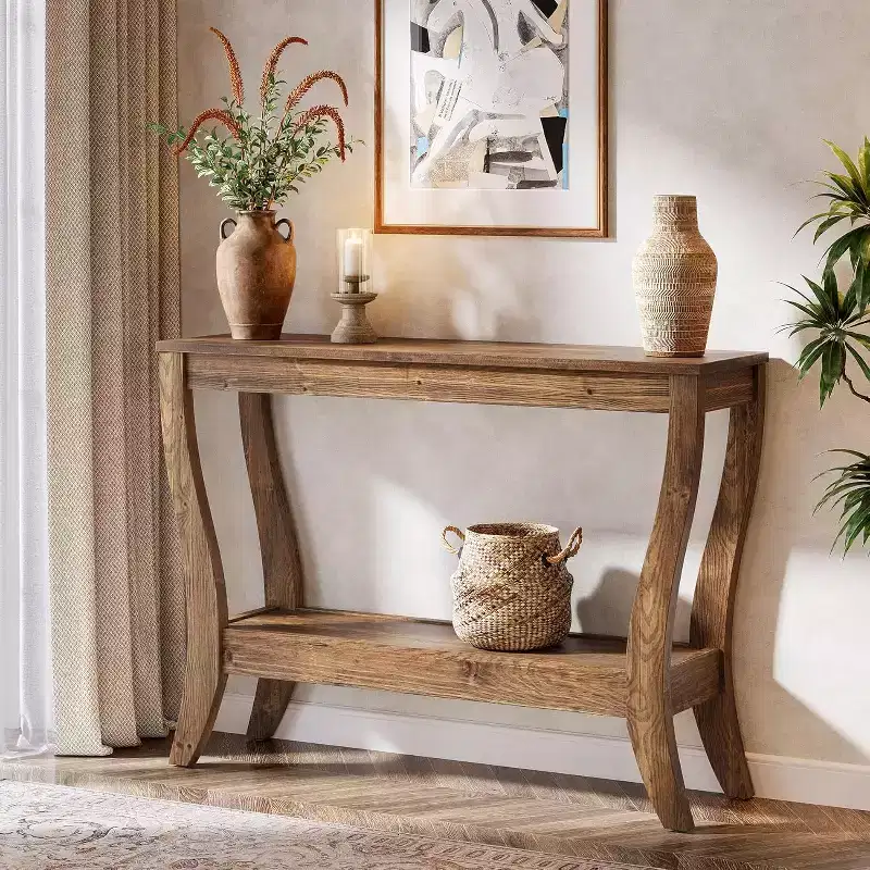 Lantine Solid Wood Console Table, 41.3-Inch Farmhouse Entryway Table with Storage Shelf, 2-Tier Sofa Table for Living Room, Hallway, Foyer