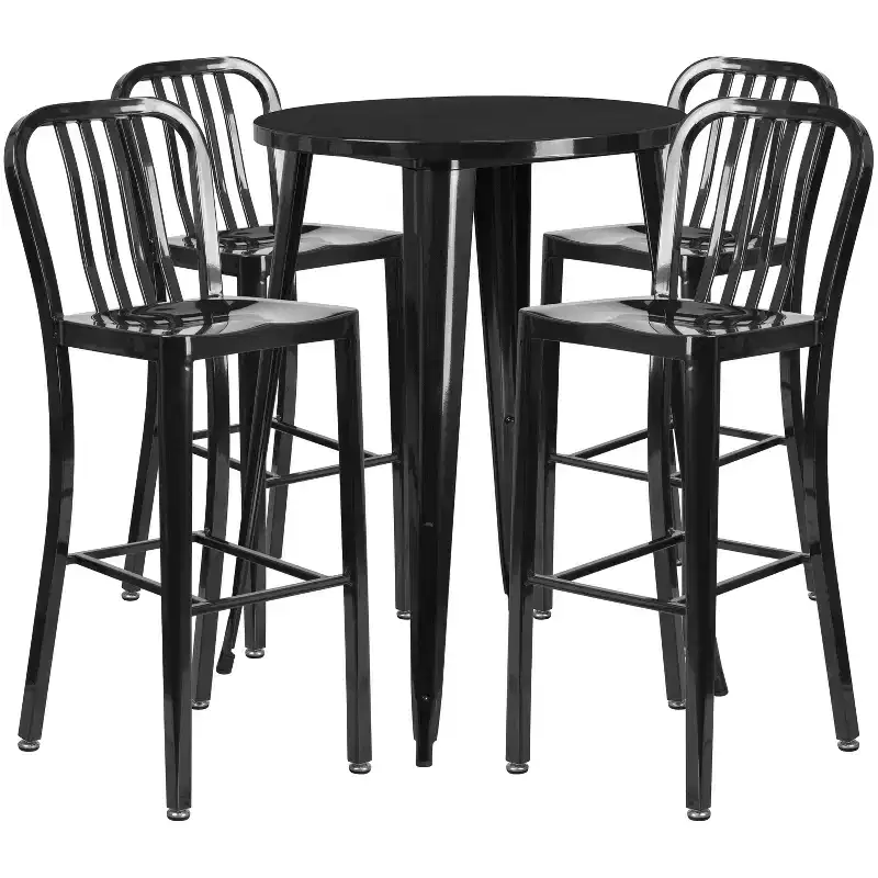 Emma and Oliver Commercial 30 Round Metal Indoor-Outdoor Bar Table Set & 4 Slat Back Stools