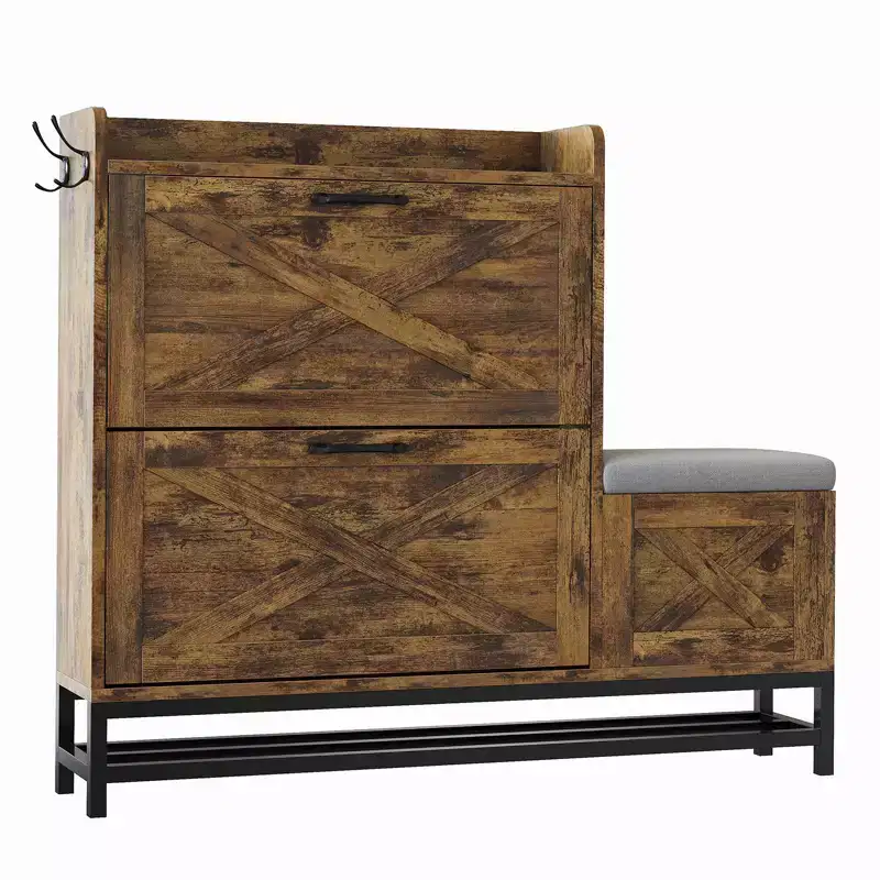 Shoe Cabinet with 2 Flip Drawers with Padded Seat Cushion Front Door, Foyer, Hallway, Antiseptic Wood