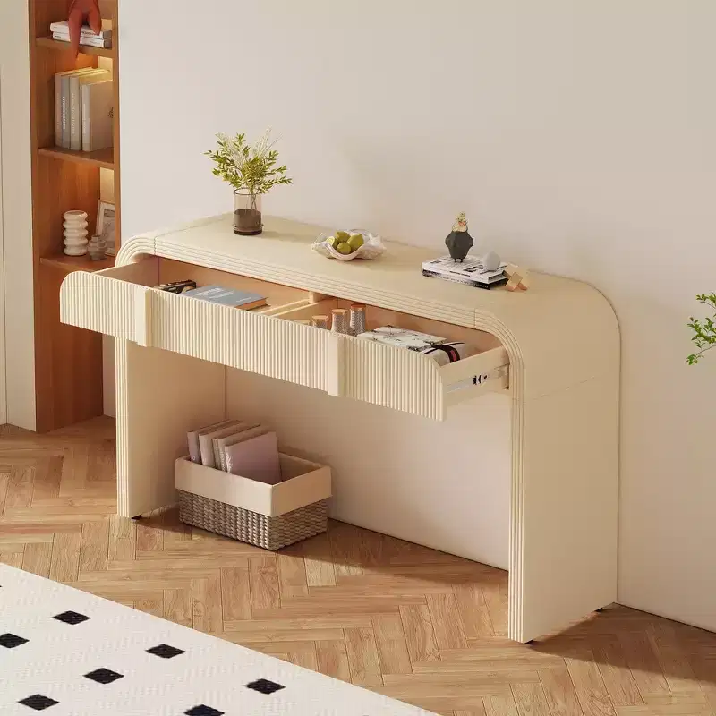 Whisen Minimalist Entryway Console Table with Soft Rounded Curves, Elegant Grooved Drawers & Glossy Durable Surface