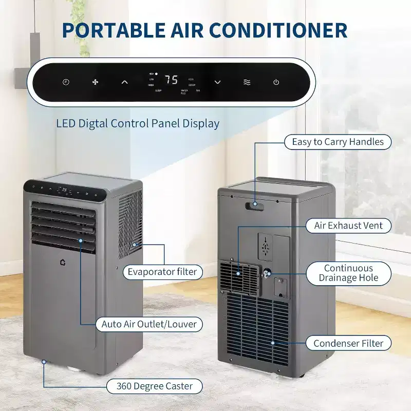 Acekool 8,000 BTU Portable Air Conditioner, 4-in-1 AC Dehumidifier Fan Sleep Mode, Remote, Timer, Window Kit, for Rooms up to 350 Sq. Ft, Grey