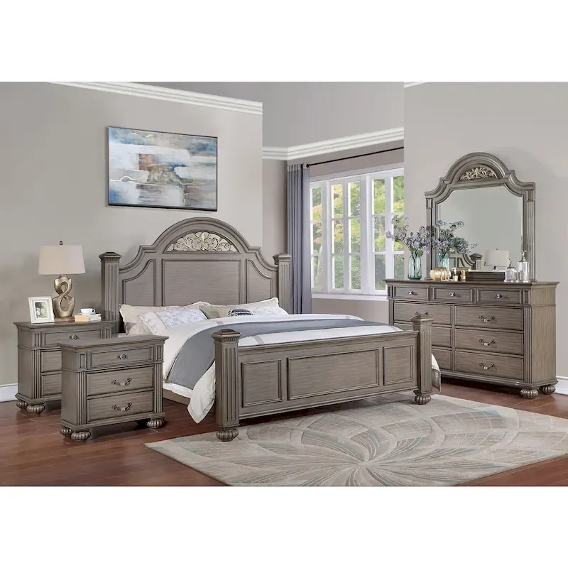 5-Piece Traditional Poster Bedroom Set, Grey Wood Finish, Classic Style