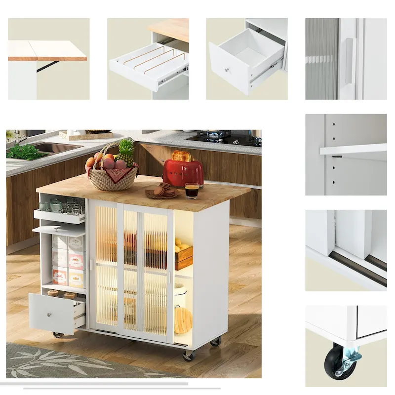 Kitchen Island with Drop Leaf and LED Light