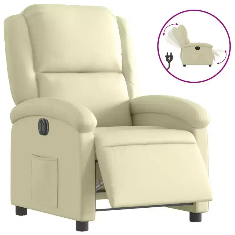 vidaXL Cream Electric Recliner Chair - Real Leather, Motorized Backrest/Footrest, Wood/Metal Frame, Foam Padded, Elderly-Friendly Armchair.