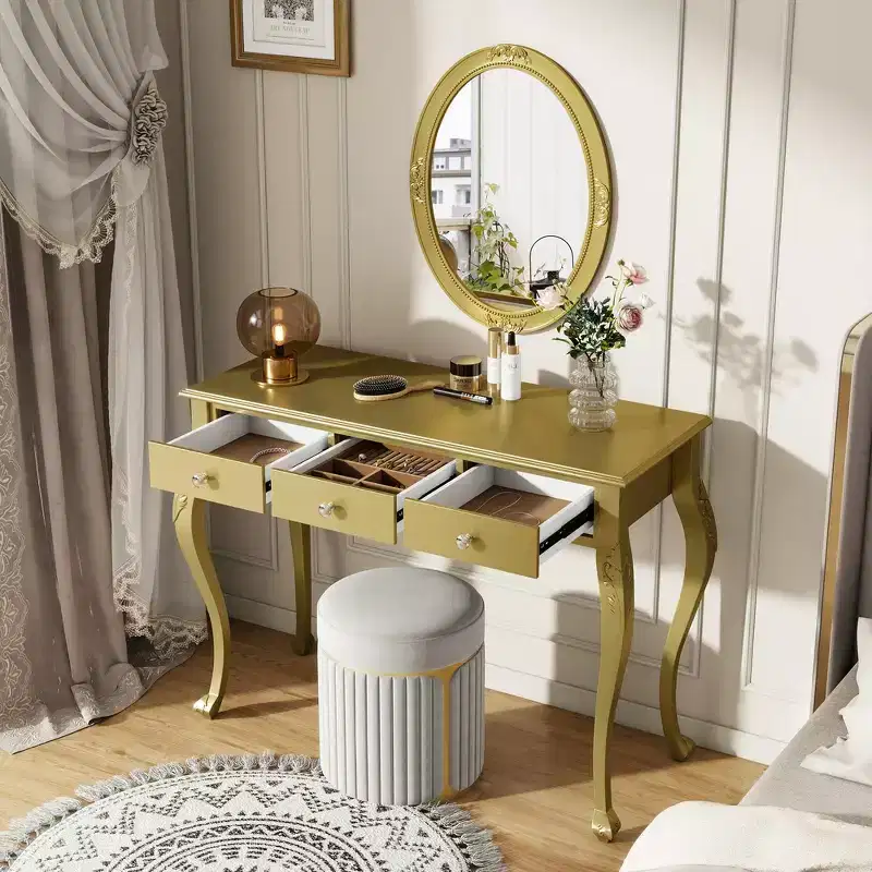 Whisen Luxury Makeup Vanity Desk, 3-Drawer Dressing Table, Elegant Console Table with Oval Mirror