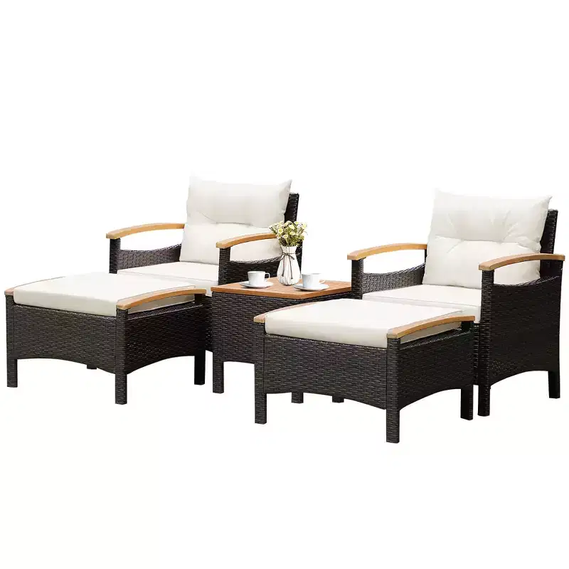 Costway 5PCS Patio Rattan Furniture Set Sofa Ottoman Cushioned Table W/Wood Top