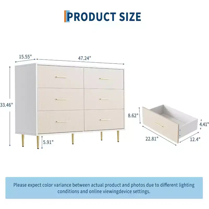 6 Drawer Dresser, Modern White Chest of Drawers with Gold Metal Legs and Handles, Large Double Wooden Dresser for Bedroom, Living room Office