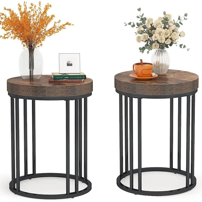 Brown/ Black Wood 2-Tier Round Sofa Side Table for Living Room