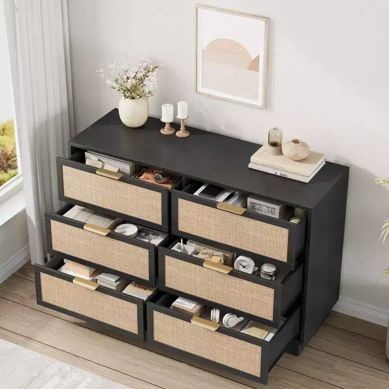 Rattan 6 Drawer Dresser, 47in Wide Black 6 Chest of Drawers with Metal Handles and Wooden Sturdy Base for Bedroom Living Room Nursery Closet