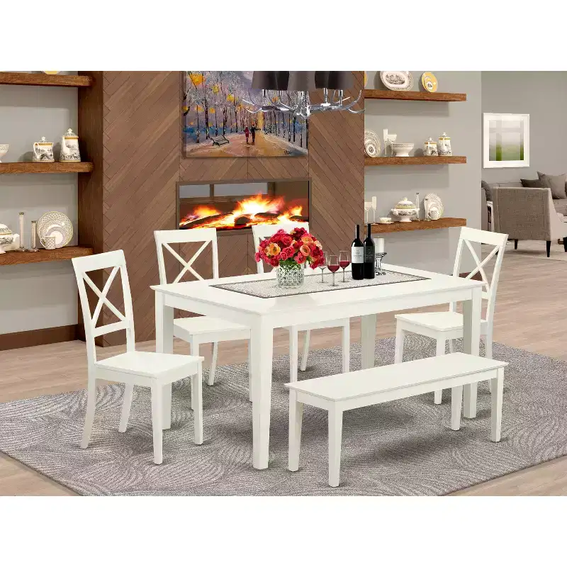 HomeStock Cabo 6 Piece Linen White Dining Set Modern Style 1017
