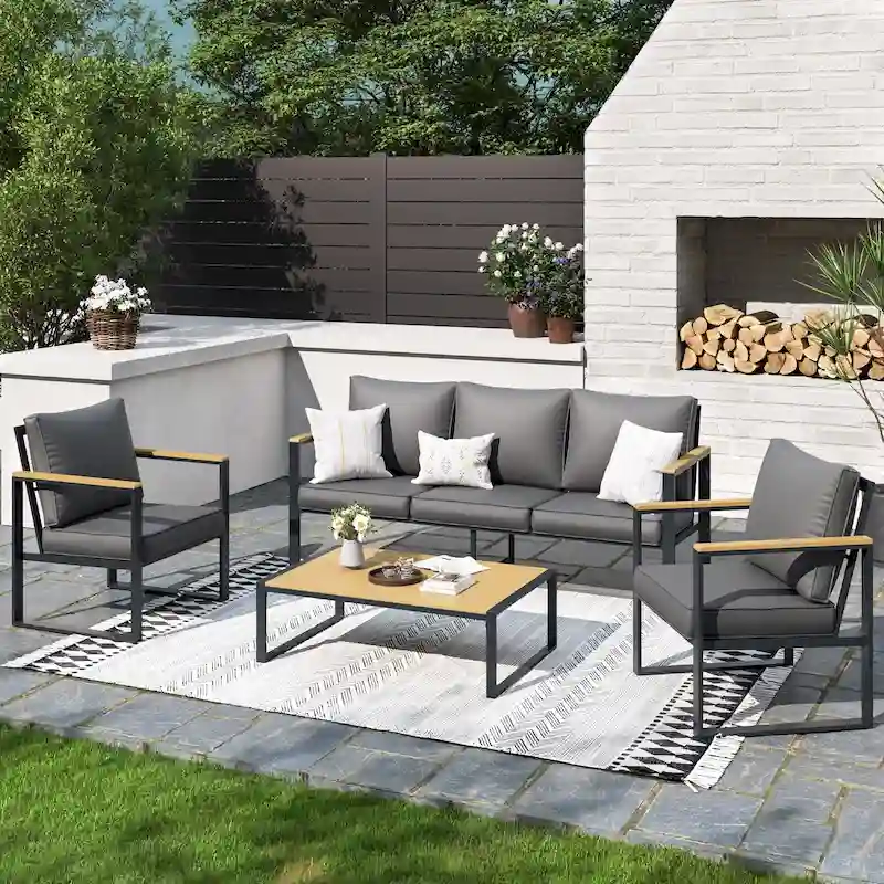 Outdoor 4 Pieces Furniture Sets Modern Iron Patio Conversation Sets Sofa w Grey Cushion Faux Wood Grain Frame Coffee Table