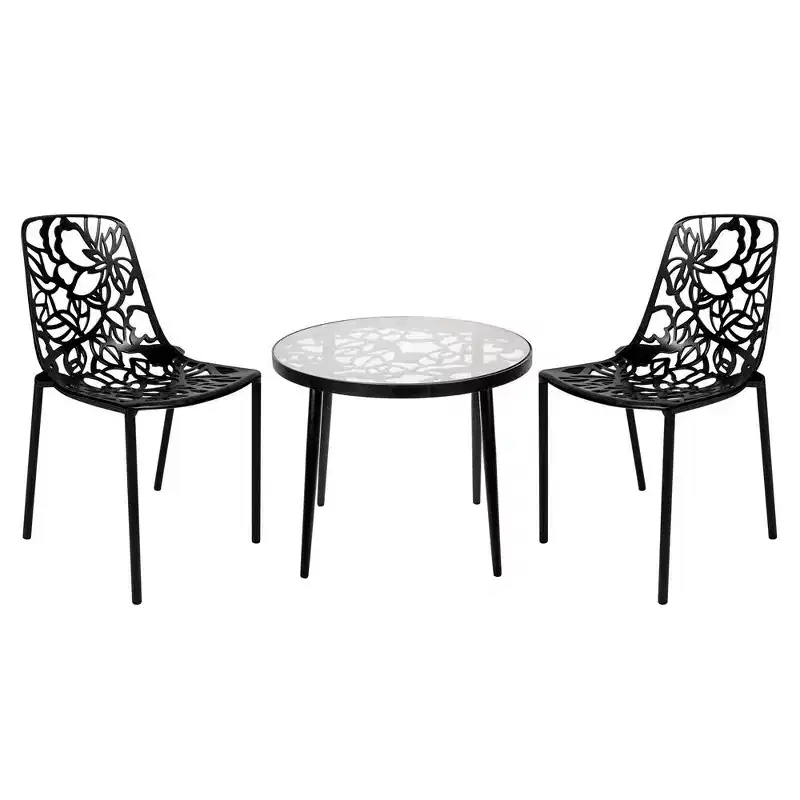 LeisureMod Devon 3-Piece Aluminum Outdoor Patio Dining Set with Tempered Glass Top Table and 2 Stackable Flower Design Chairs