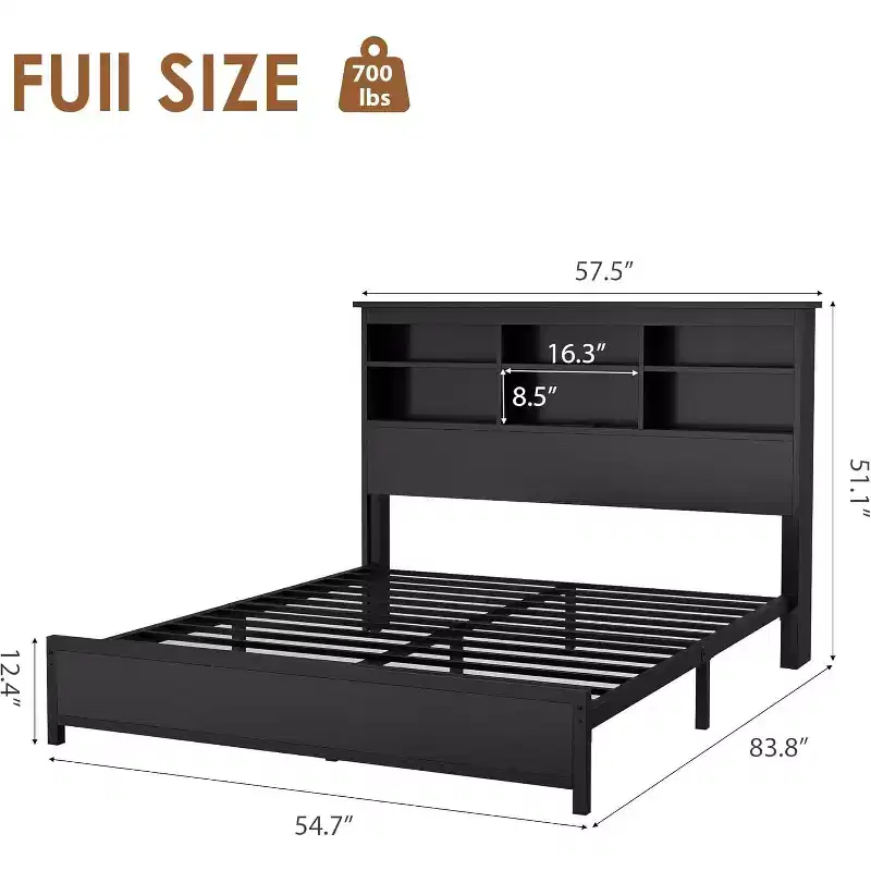 Bed Frame with Lattice Bookcase Headboard, Double Storage Platform Bed with Charging Station, No Box Spring Required, Easy to Assemble, Black