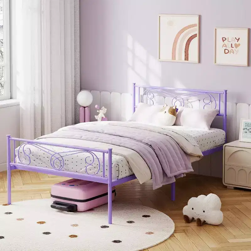 Twin Metal Bed Frame with Headboard, Footboard, 12.2-Inch Storage Drawer and Steel Slats, Purple