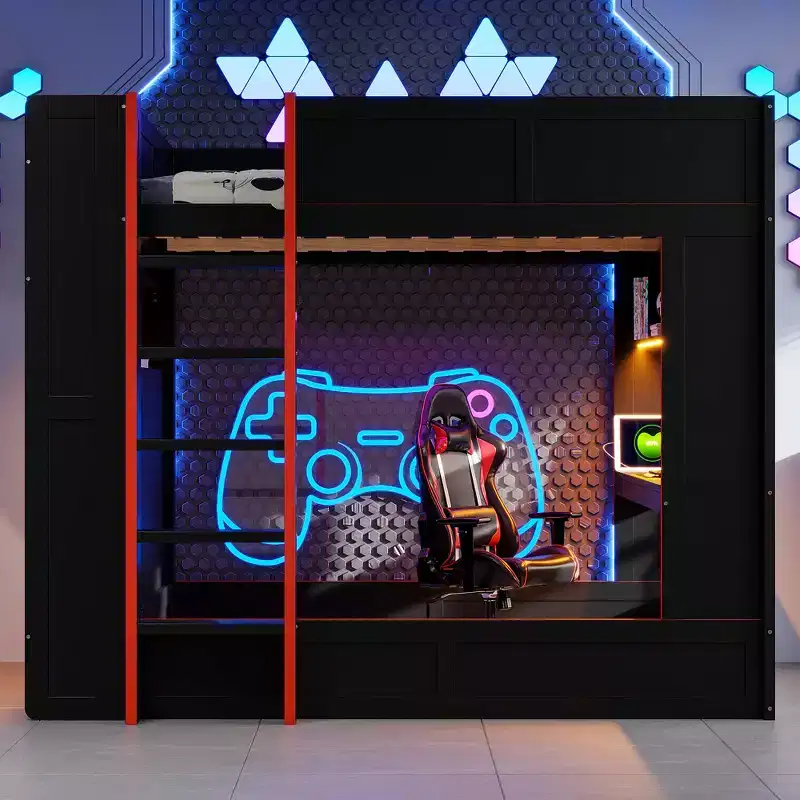 Full Size Wood Gaming Bunk Bed with Built-In Desk, Storage Shelves, 7-Color LED Lights & Charging Station, Black - ModernLuxe