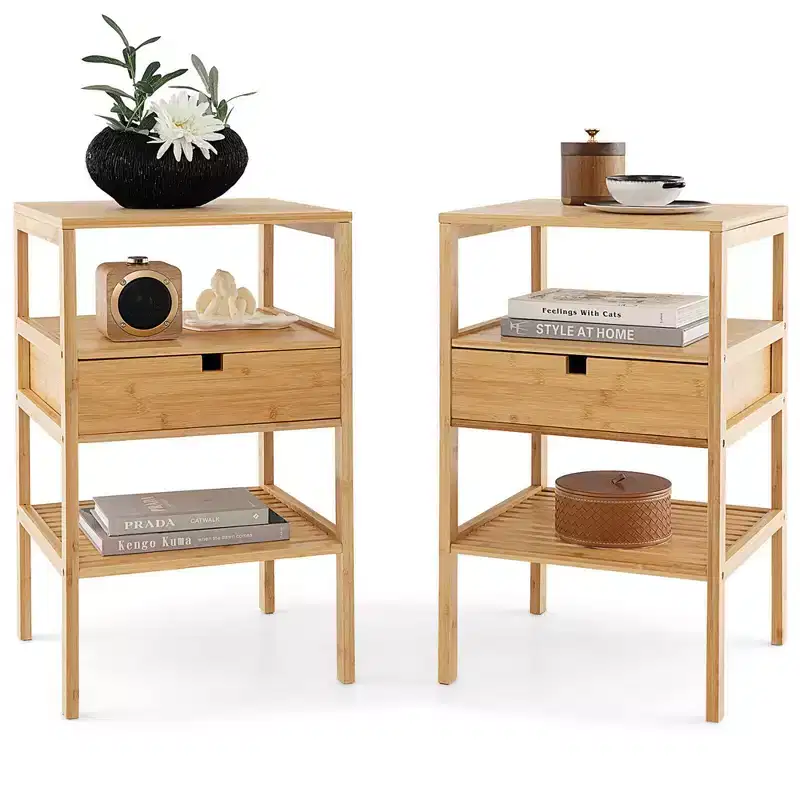 Costway Bamboo Nightstands Set of 2 w/ Pull-out Drawer and Storage Shelf Wood Natural
