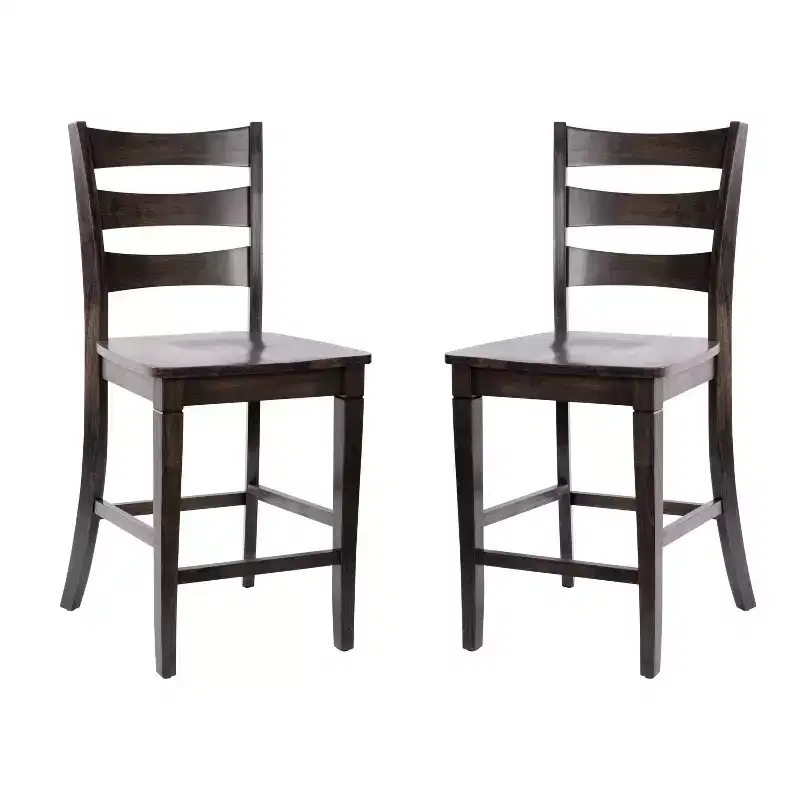 Set of Two Classic Wooden Ladderback Counter Height Barstools with Solid Wood Seats