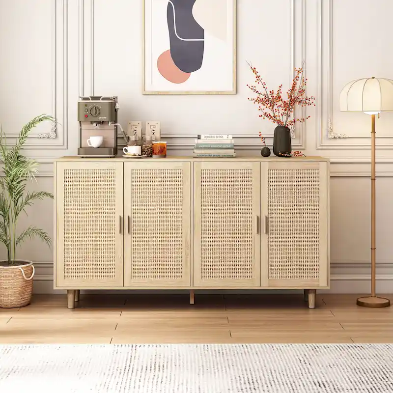 4-Door Rattan Storage Cabinet – Natural / Black, Wood Legs, Adjustable Shelf