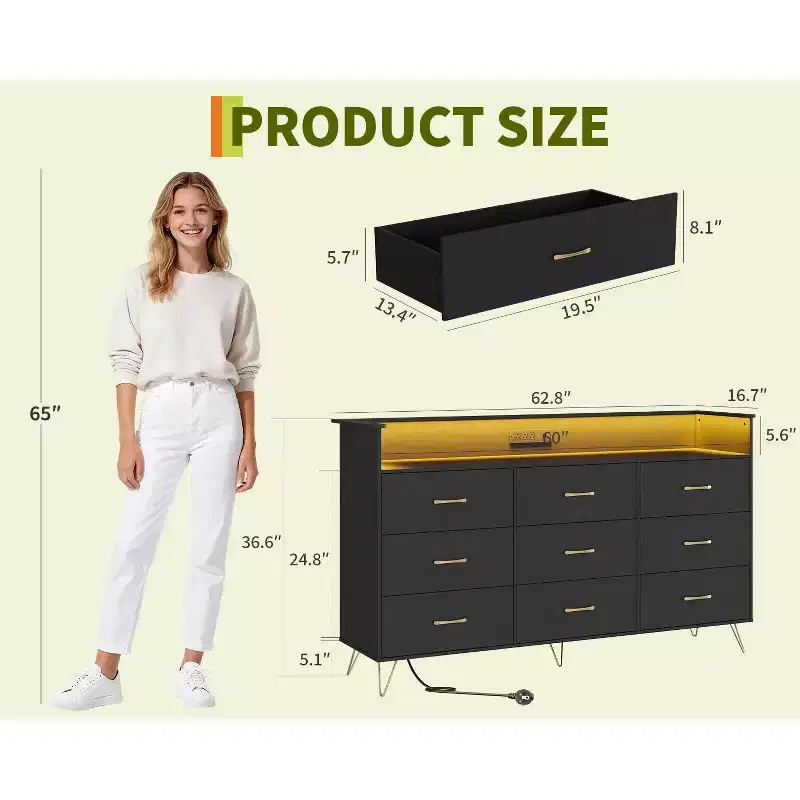 9-Drawer Dresser, Large Wooden Chest of Drawers for Bedroom, Closet, Living Room, Handle-Free Modern Storage Organizer