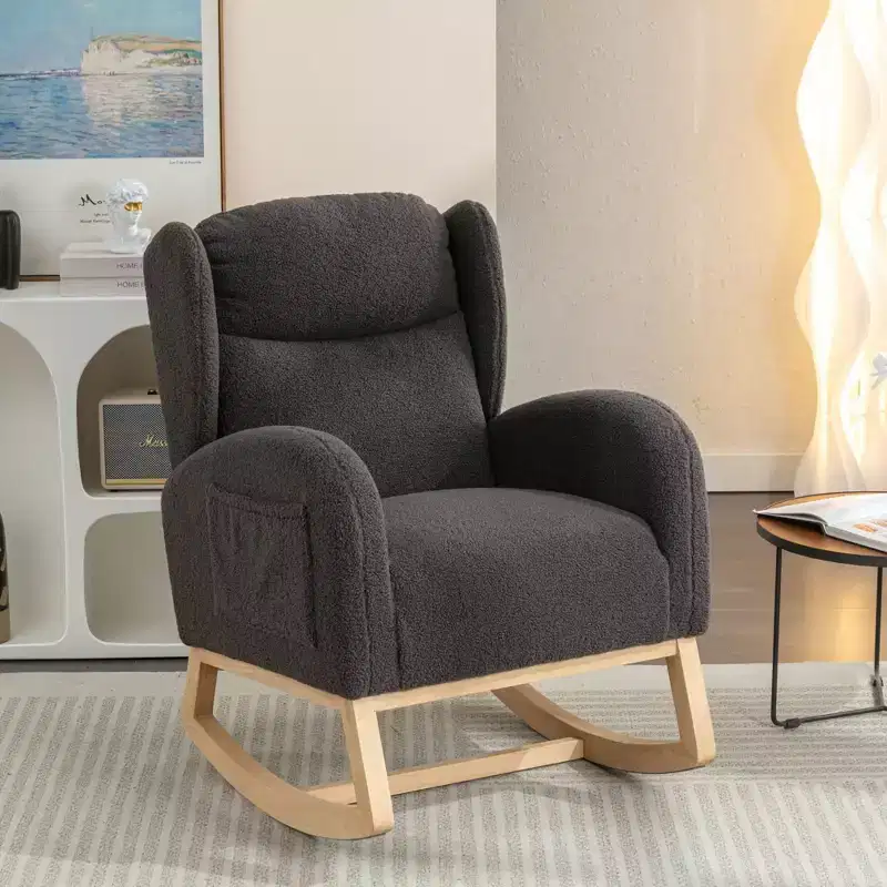Teddy Fabric Rocking Chair With Packet Wood Legs,Ivory