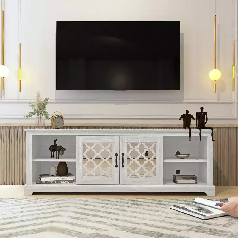 Wood TV Stand with Mirrored Door Storage 68.2