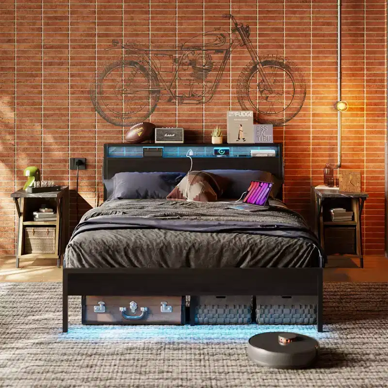 Bestier Queen Bed Frame with Headboard,Dual LED Lights Platform Metal Bed Frame with Charging Station & 2-Tier Storage, Non-Slip,Noise-Free