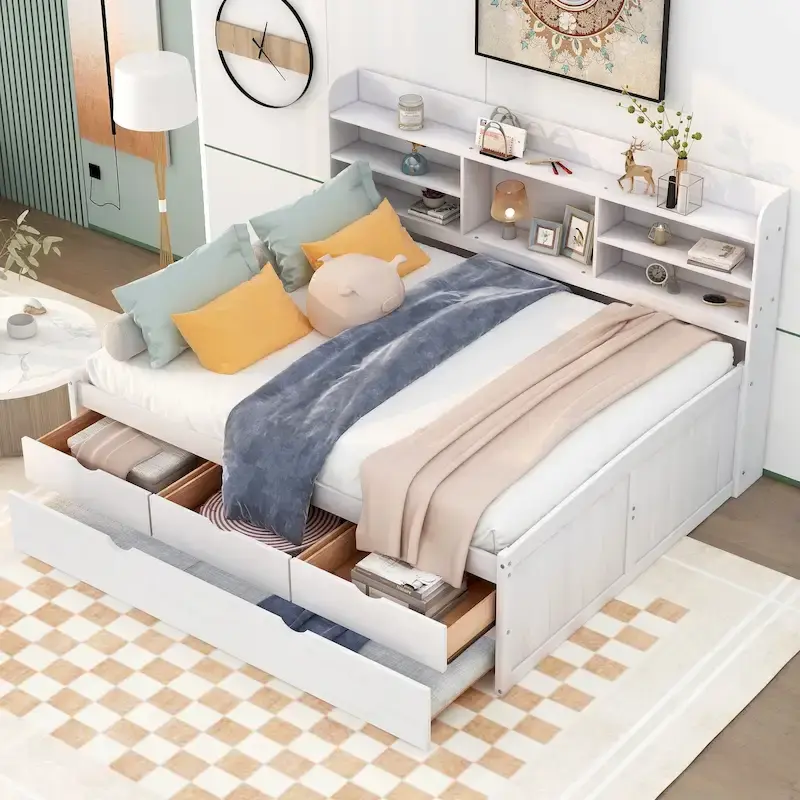 Full Pine Captain Bed with Shelves, Drawers & Trundle
