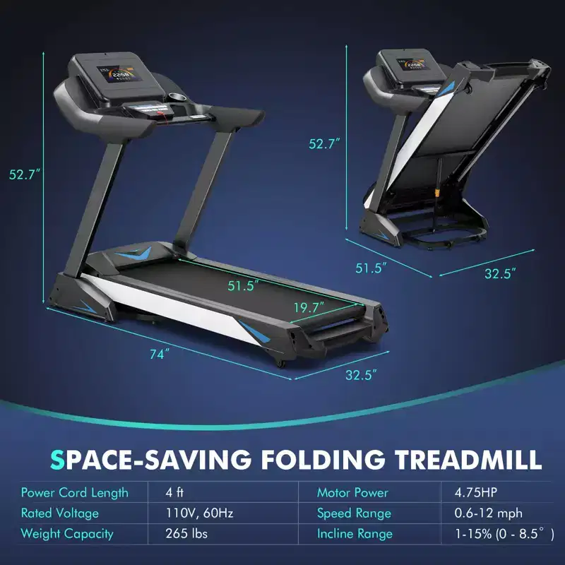 Gymax 4.75 HP Treadmill with APP and Auto Incline Folding Treadmill with Bluetooth Speakers and LED Display Electric Running Machine