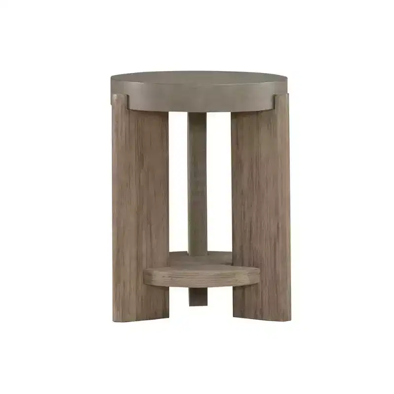 Round End Table for Living Room, Faux Concrete Top, Acacia Wood, Dusty Taupe