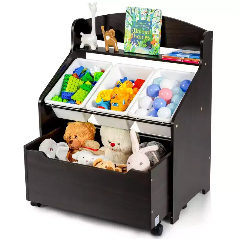 Kids Wooden Toy Storage Unit Organizer with Rolling Toy Box & Plastic Bins