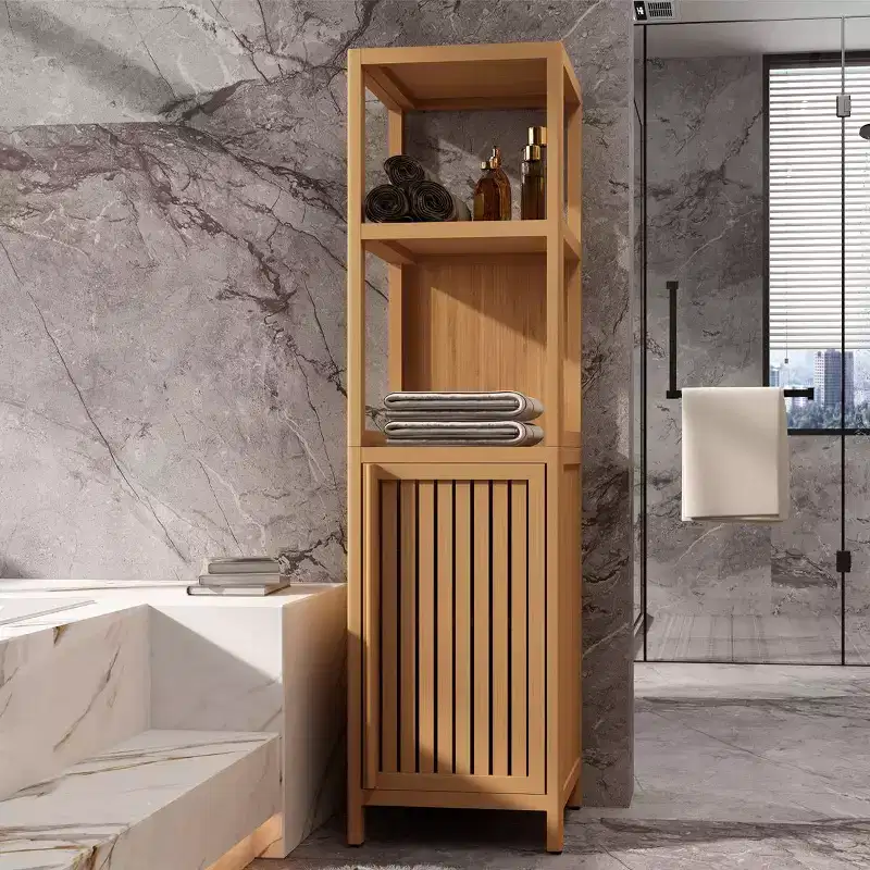 Bamboo Bathroom Storage Cabinet, Multifunctional Freestanding Cabinet with 2 Shelves & 1 Door, Bathroom & Kitchen Organizer