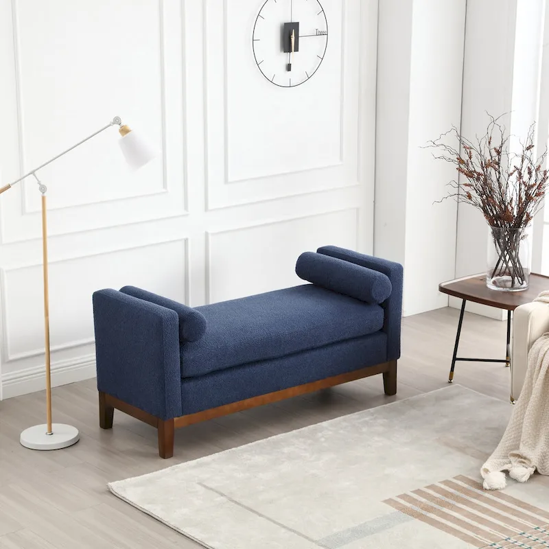 Upholstered Bench Wood Legs and Bolster Pillows