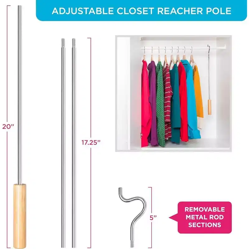 Closet Reacher Pole with Shepherd Hook and Wooden Handle, Adjustable 2.75 to 5 Feet