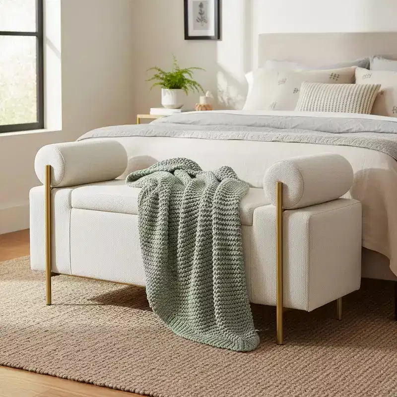 Homy Casa Upholstered Storage Bench with Cylindrical Arms, Modern Entryway or Bedroom Ottoman Bench with Hidden Storage, Emerald Green