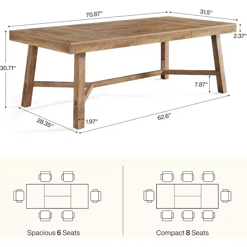 70.9-Inch Farmhouse Dining Table for 6-8, Large Rectangle Kitchen Table with Reinforced Legs, Natural