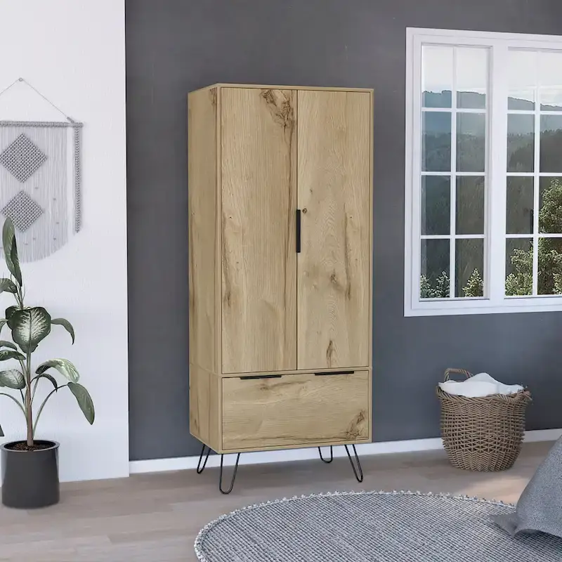 TUHOME Augusta Closet with Hanging Rod, Drawer, Hairpin Legs, and Double Door Cabinet - N/A