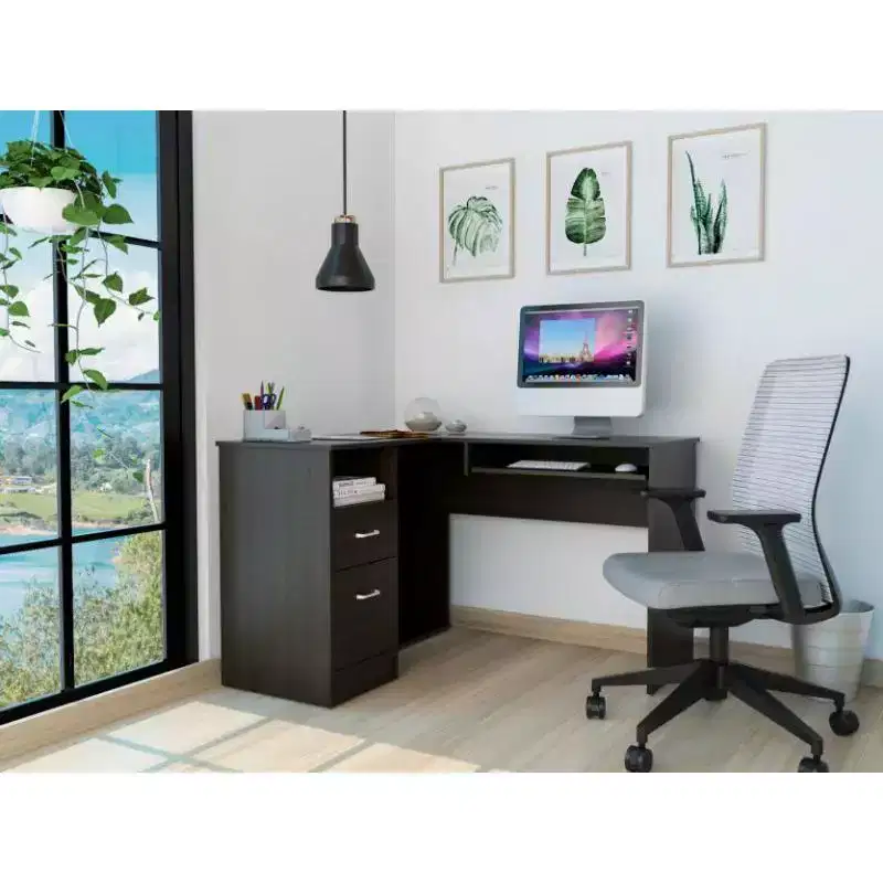 L-Shaped Corner Desk with Two Drawers and CPU Storage, Keyboard Shelf and Open Storage Shelf, Writing Desk for Office and Bedroom