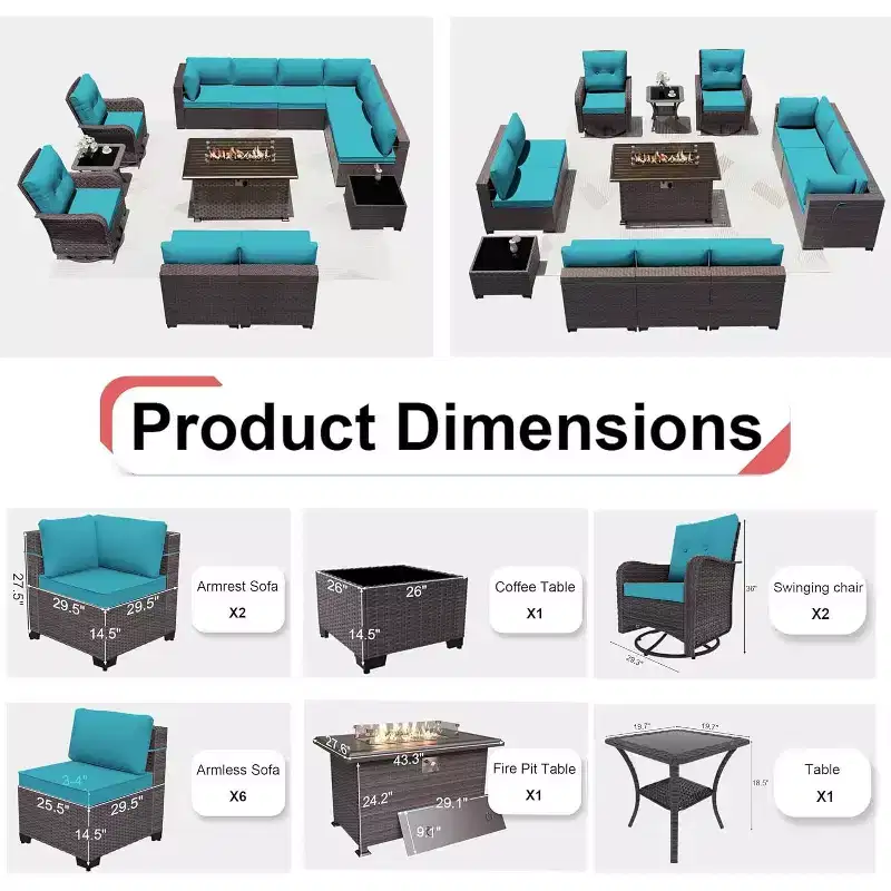 ALAULM 13 Pieces Patio Furniture Set, Rattan Wicker Outdoor Conversation Sets w/43in Propane Fire Pit Table, Swivel Rocking Chairs